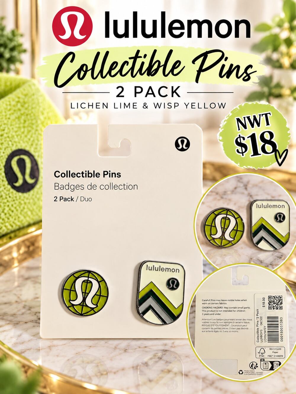 Lululemon $18 Collectible Pins in Lichen Lime and Wisp Yellow NWT